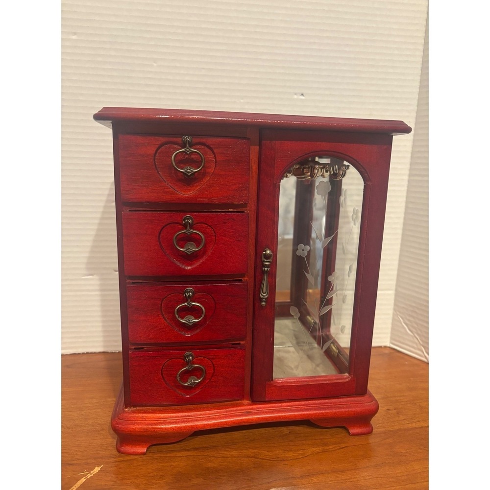 Vintage Red Wooden Jewelry Armoire Heart Drawers Etched Glass Necklace Carousel